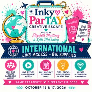 Graphic advertising the Inky ParTAY Creative Escape, hosted by Elizabeth Martinez and Kelli McConkey. International online-only option to attend a Two-Day Virtual Christmas Stamp Camp on October 16th & 17th. Featuring products from Stampin' Up! including Neutral Noel, Season of Celebration Ephemera, and Happiest Season Ephemera.