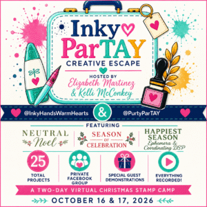 Graphic advertising the Inky ParTAY Creative Escape, hosted by Elizabeth Martinez and Kelli McConkey. Two-Day Virtual Christmas Stamp Camp on October 16th & 17th. Featuring products from Stampin' Up! including Neutral Noel, Season of Celebration Ephemera, and Happiest Season Ephemera.